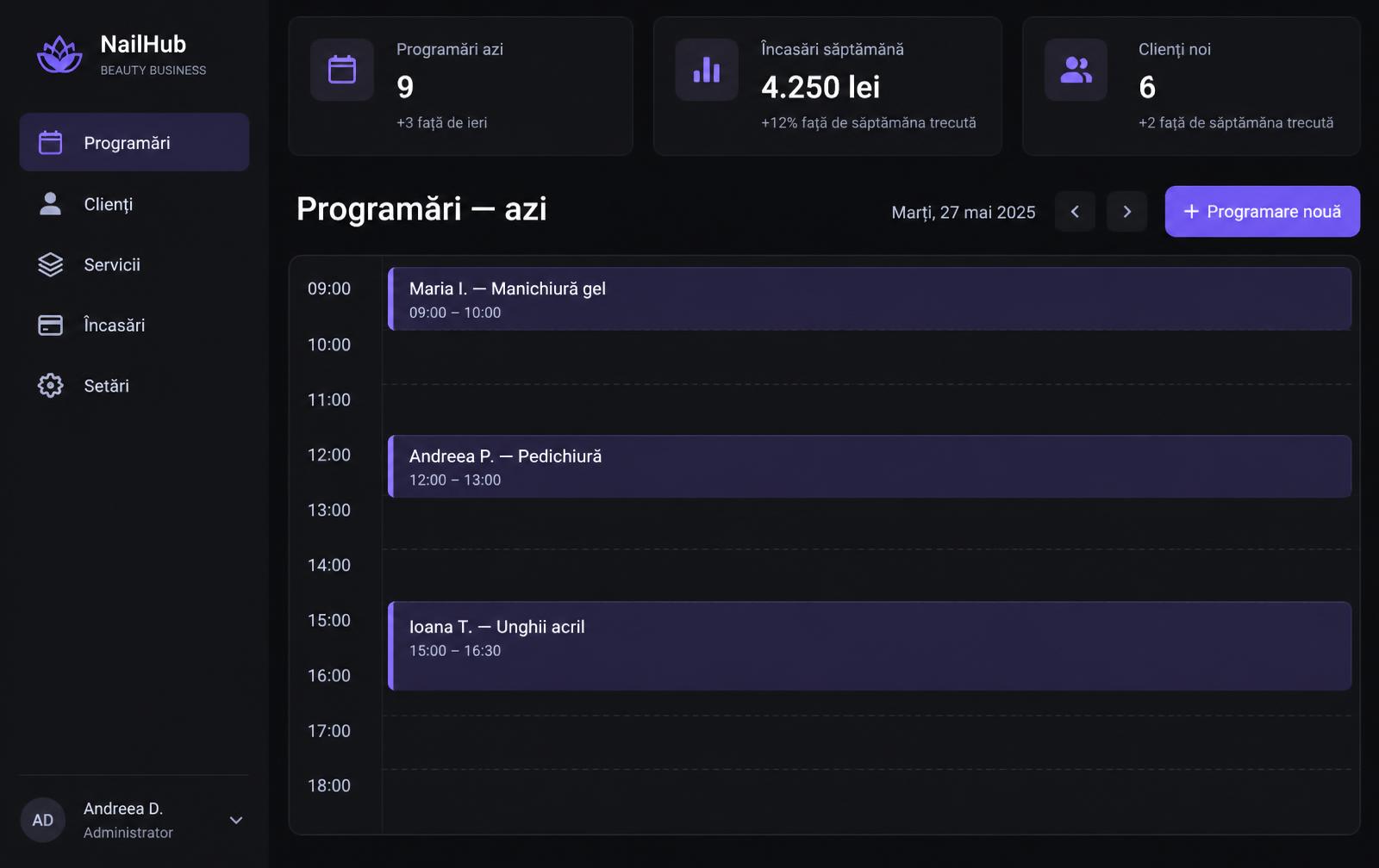 Daily calendar with bookings by time slot. Demo data.